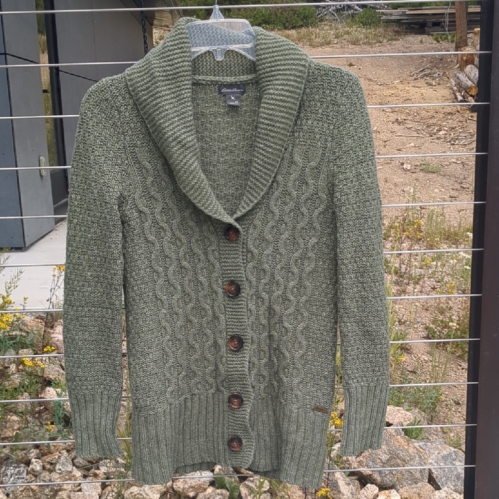 Eddie Bauer Olive Cable Knit Cardigan